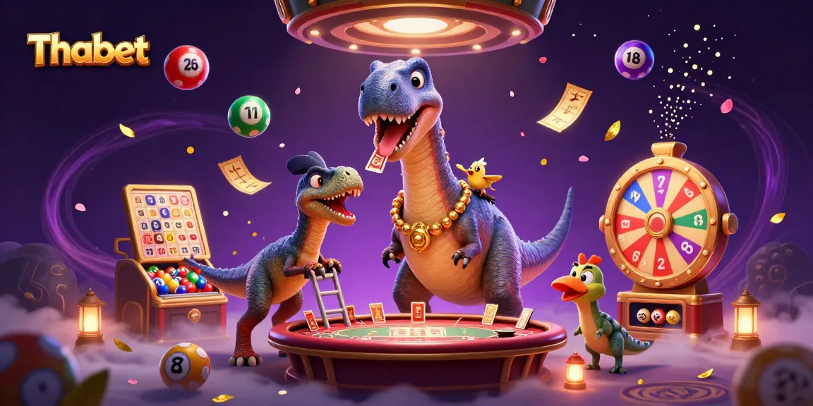 Experience dynamic casino action with Thabet, featuring playful dinosaur characters and vibrant gaming elements.