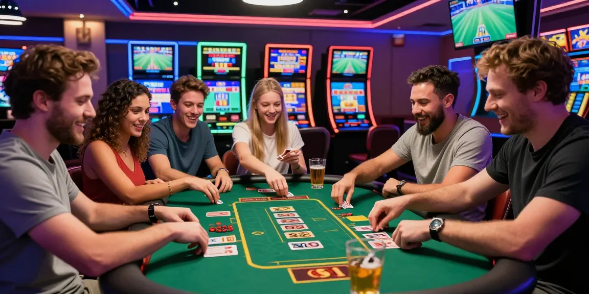Group enjoying 92 dadu gaming experience at an online casino with vibrant decor and camaraderie.