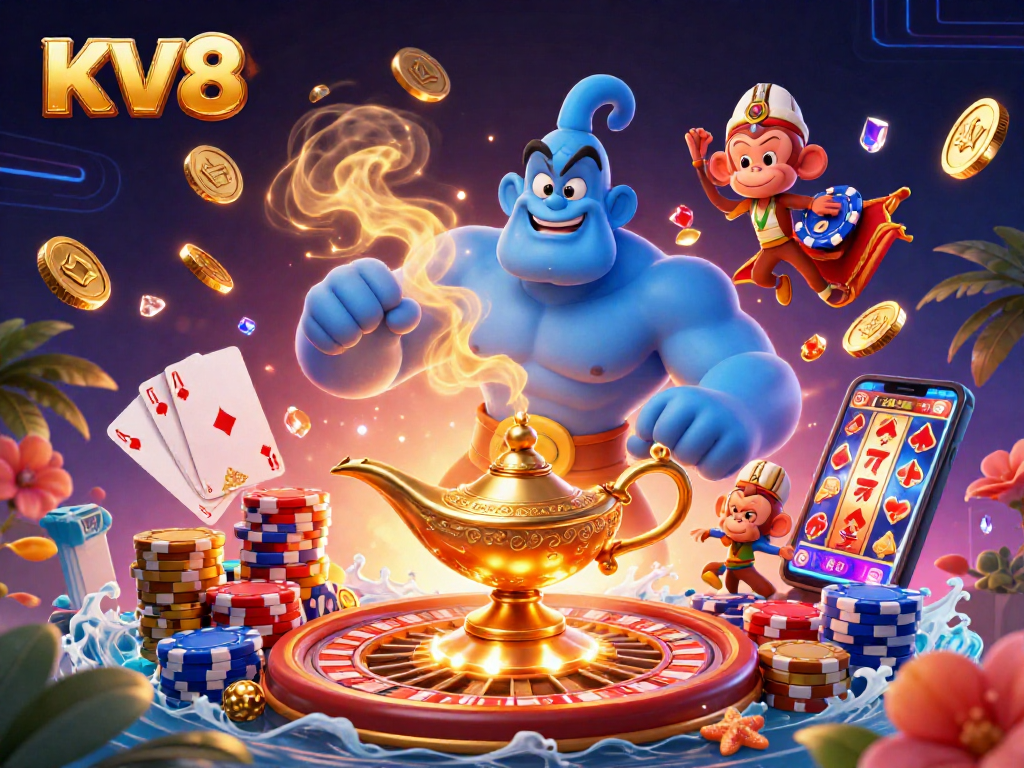 Experience thrilling gameplay with KV8 in a vibrant scene featuring a genie, poker chips, and golden coins.