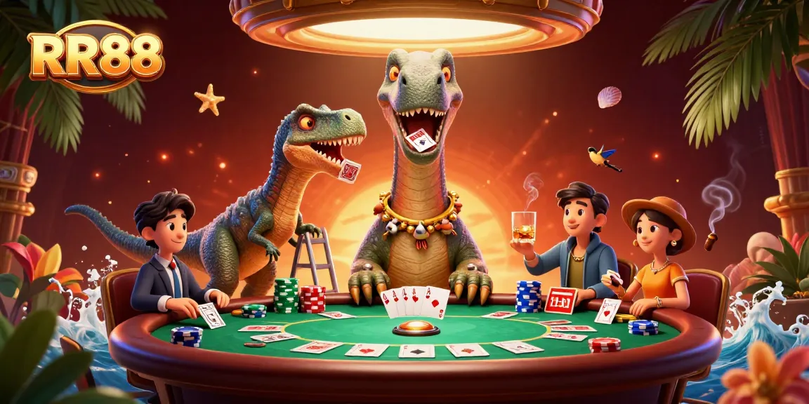 Engage with RR88's interactive gaming experience featuring a giant cartoon dinosaur at a poker table.