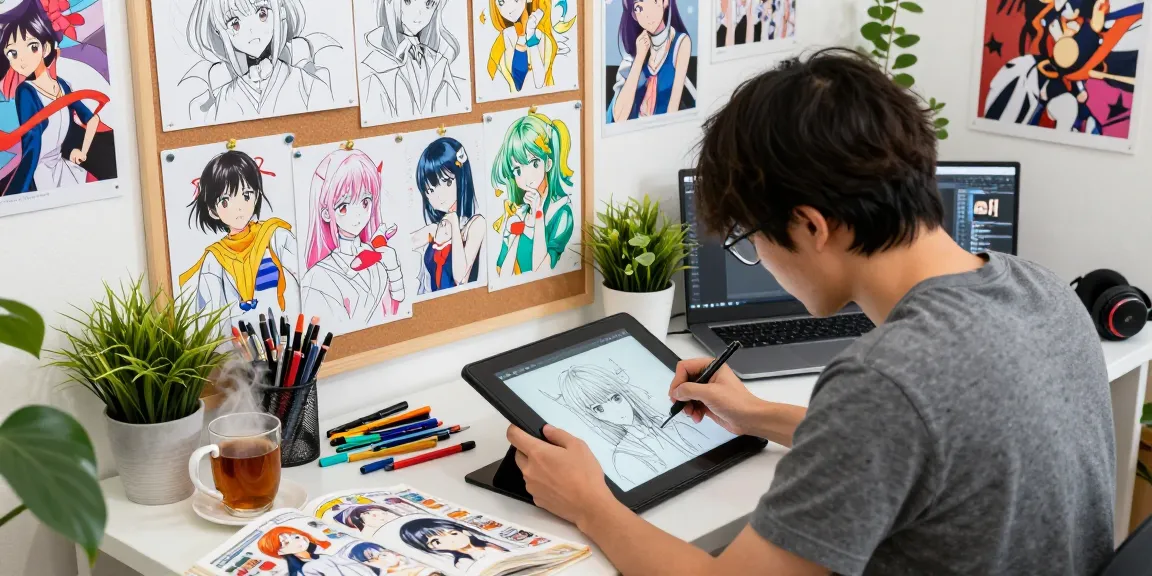 Artist in a vibrant doujin art studio sketching characters at doujinhentai-th.com with colourful tools and natural light.