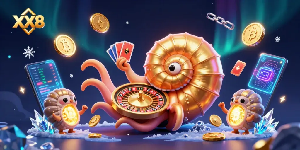 Engage with the captivating XX8 illustration featuring a giant nautilus as a roulette wheel amidst vibrant casino elements.