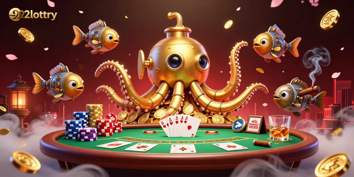 The golden kraken submarine surfaces in a sea of coins, setting the stage for 92lottery excitement with poker and strategy.