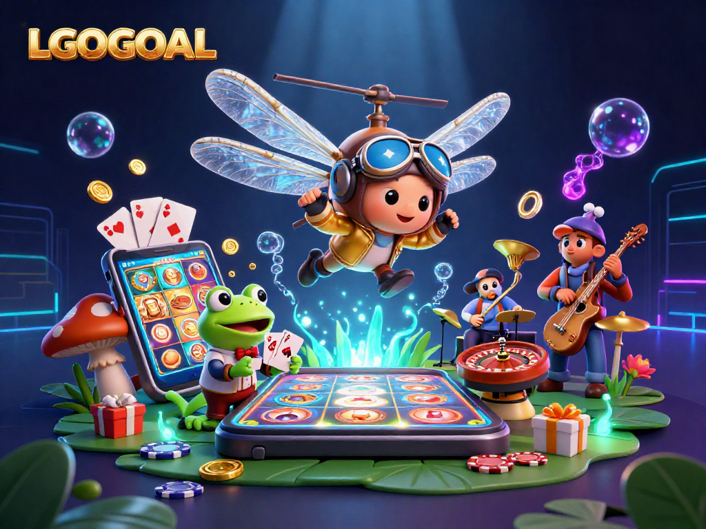 Experience thrilling gaming action at LGOGOAL with a dragonfly pilot and card-dealing frog in this vibrant casino scene