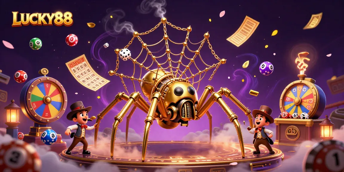 LUCKY88 brings luck with a lively steampunk spider and dynamic lottery elements in a vibrant casino scene.
