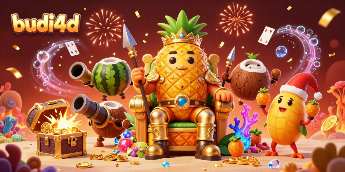 Engage with budi4d at a vibrant casino featuring a golden pineapple king, treasure chests, and lively characters.