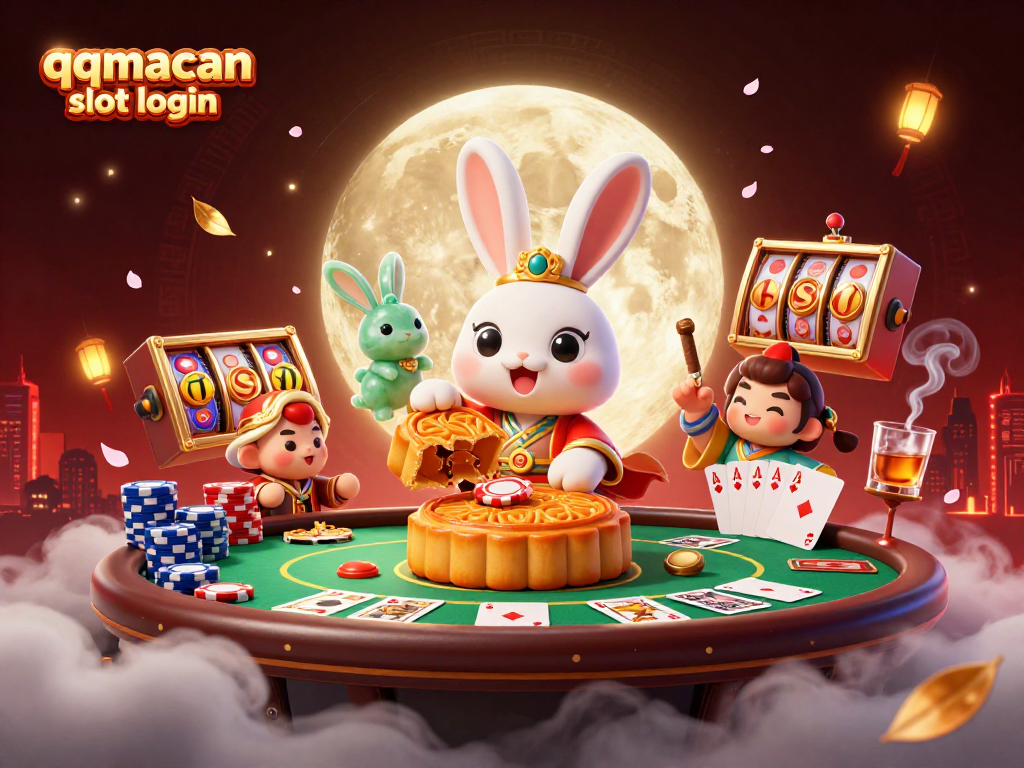 Experience the qqmacan slot login with exciting illustrations of a moon rabbit and casino elements.