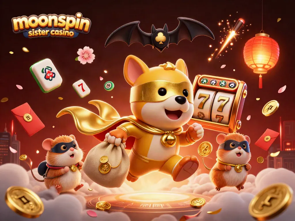 Join the fun at moonspin sister casino with superhero characters amidst vibrant casino elements.