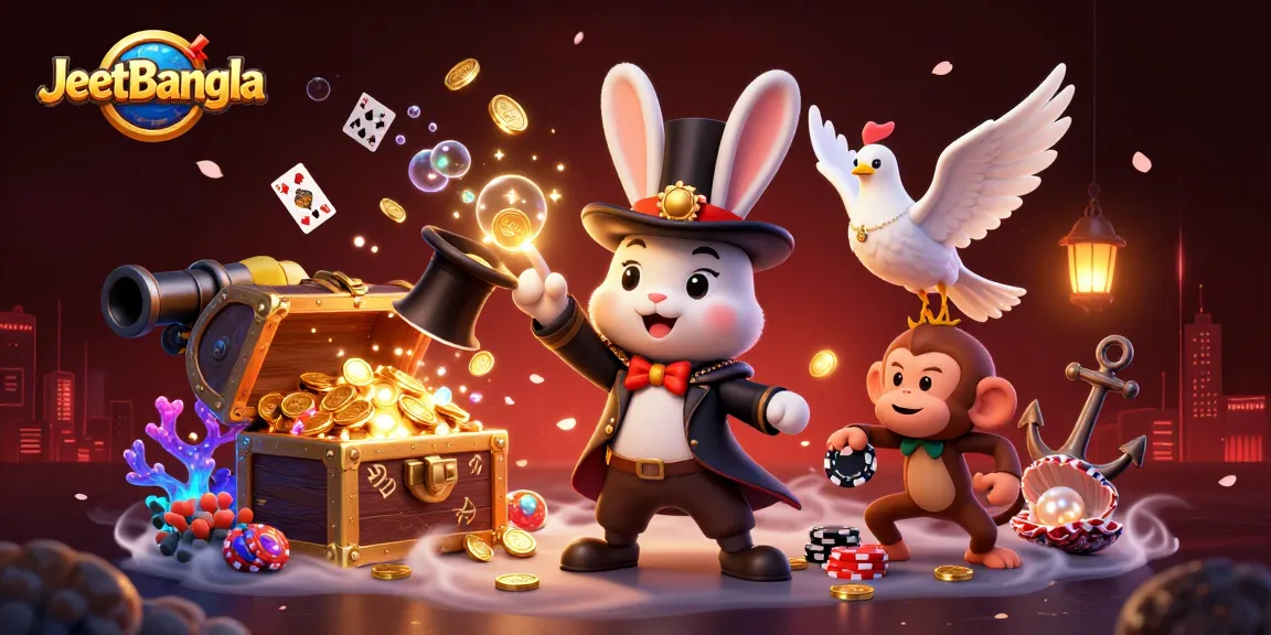 Engaging JeetBangla scene showcasing a magician rabbit and characters surrounded by casino elements and treasures.