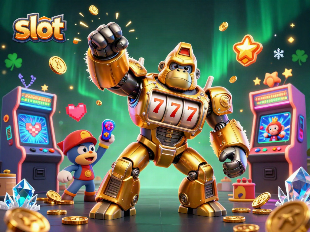Experience thrilling slot action with a golden gorilla mech in an energizing casino scene!