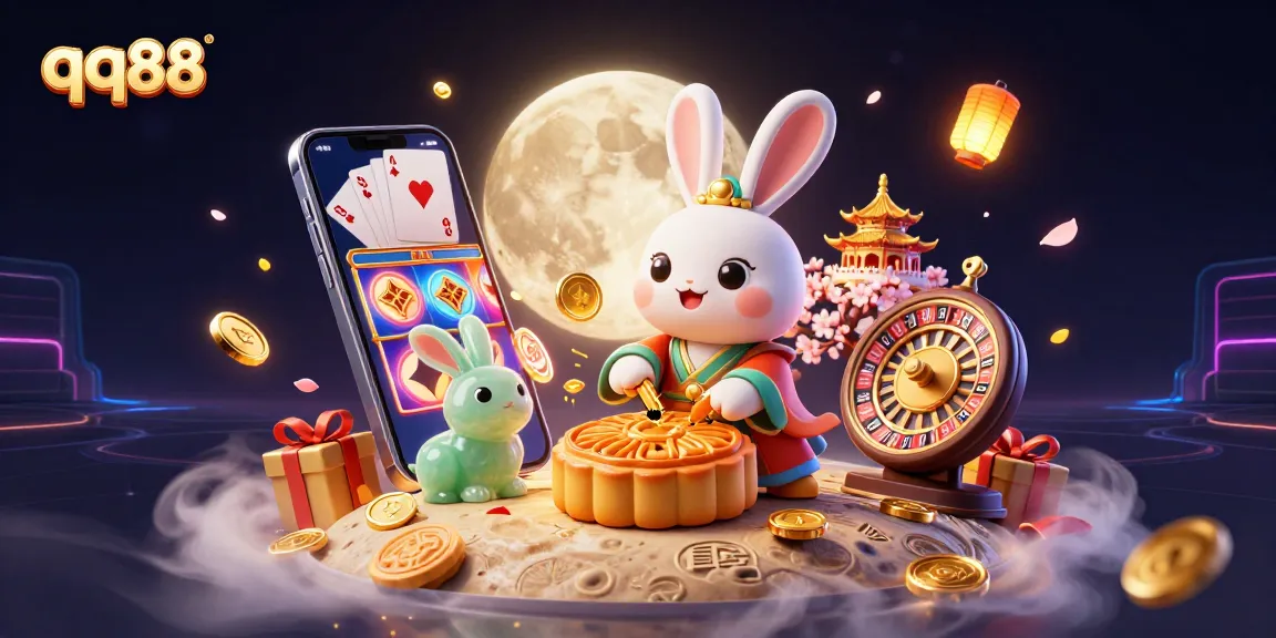 Bet big at qq88's vibrant casino universe featuring a moon rabbit with poker chip mooncakes and dynamic gaming elements.