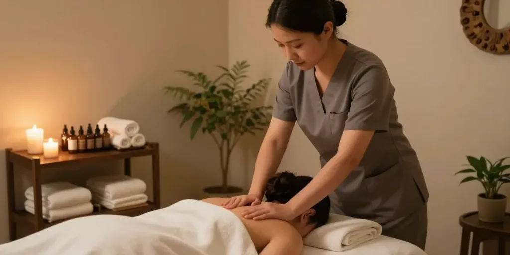 수원토닥이 전문 마사지 서비스 환경에서 편안한 분위기 속에서 고객에게 마사지를 제공하는 모습
