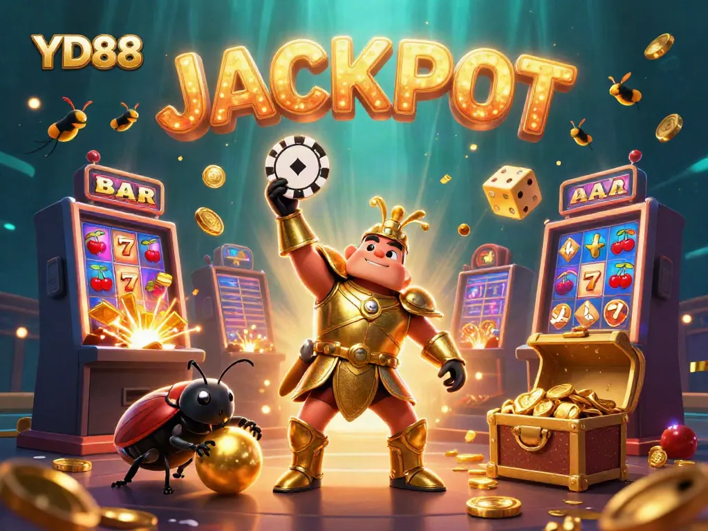 YD88 jackpot celebration with cartoon beetles lifting poker chips surrounded by casino elements.
