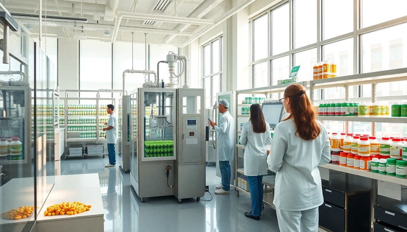 Showcasing a modern supplement manufacturer with high-quality health products and dedicated staff.