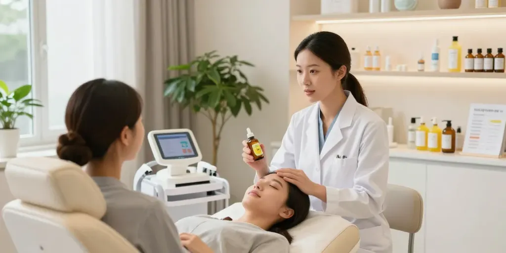 Practitioner demonstrating lemon bottle peptide treatment in a calming wellness clinic