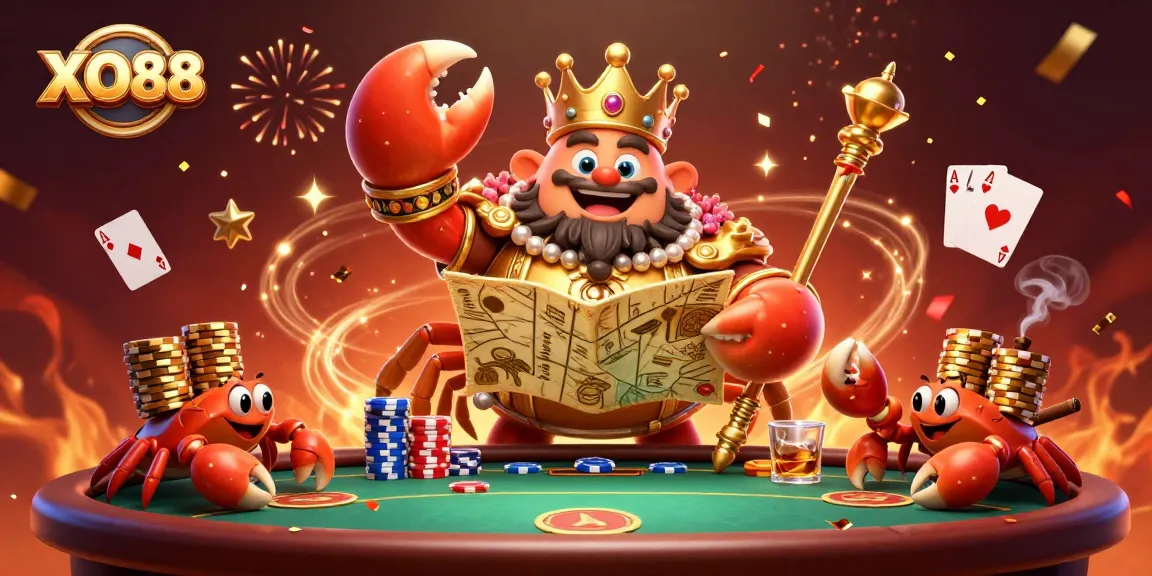 Experience excitement at XO88 with a vibrant 3D illustration featuring a golden crab emperor and gaming elements.
