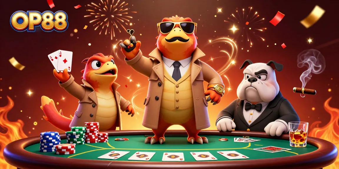 Join OP88's exciting casino scene with raptors in disguise trying to enter VIP lounge, surrounded by poker action.