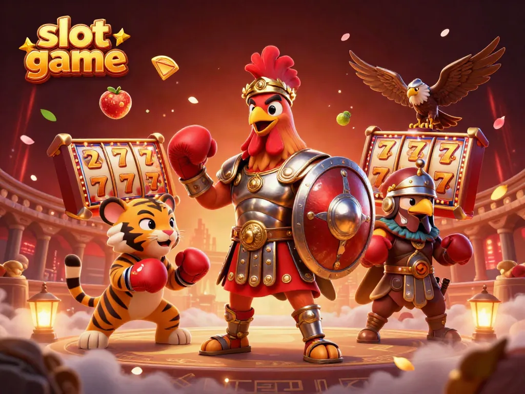 Experience the excitement of a slot game with a dynamic gladiator rooster and vibrant game elements.