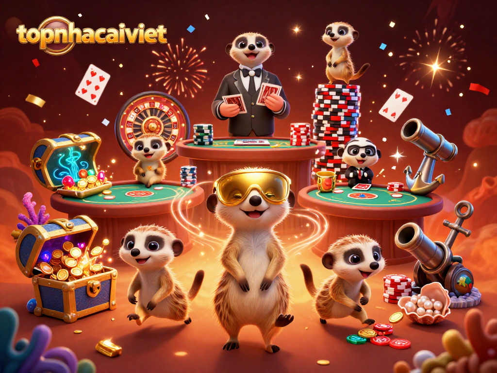 Engage with topnhacaiviet's lively casino scene featuring meerkats managing games and joyful celebrations.