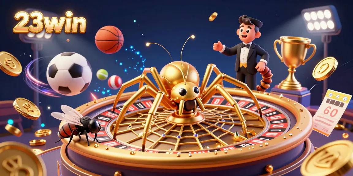 Engage with 23win's casino thrills as a golden spider spins a roulette web in vibrant 3D.