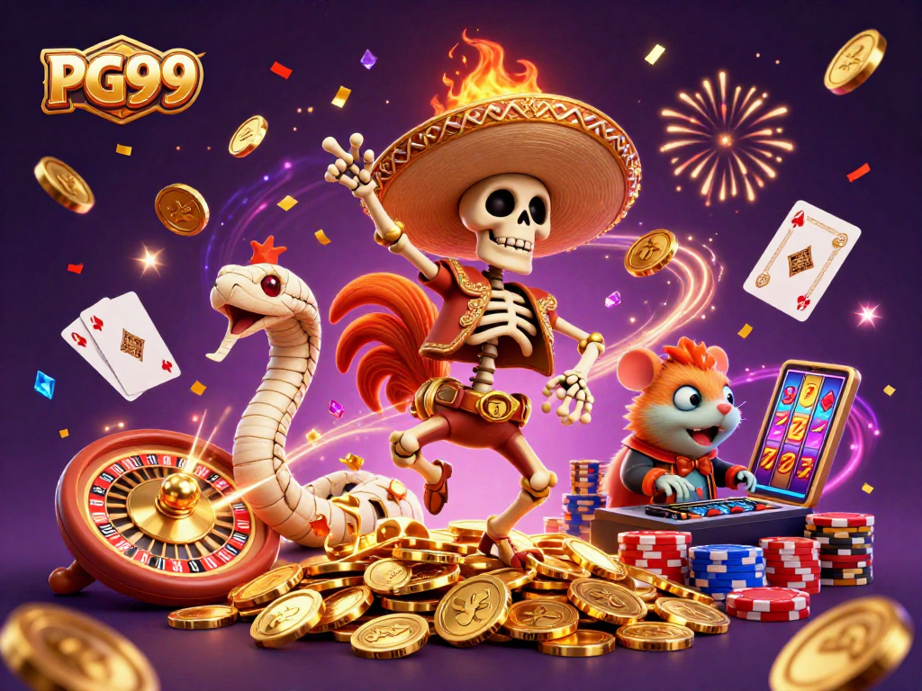 Experience PG99 thrills with a jubilant mariachi rooster and casino elements in an energetic 3D scene.