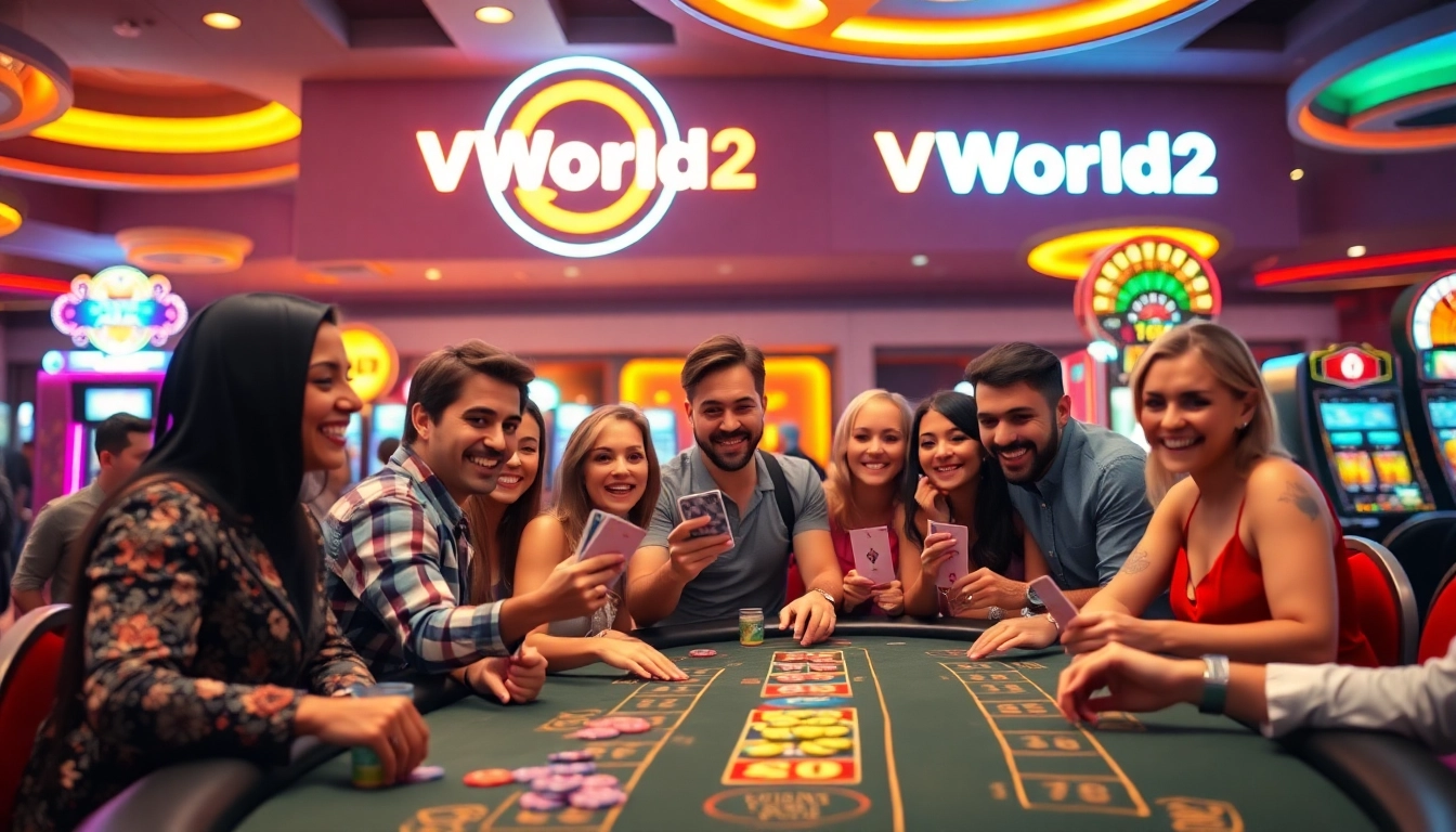 Players enjoying a lively game at VWorld2 casino, surrounded by vibrant lights and action.