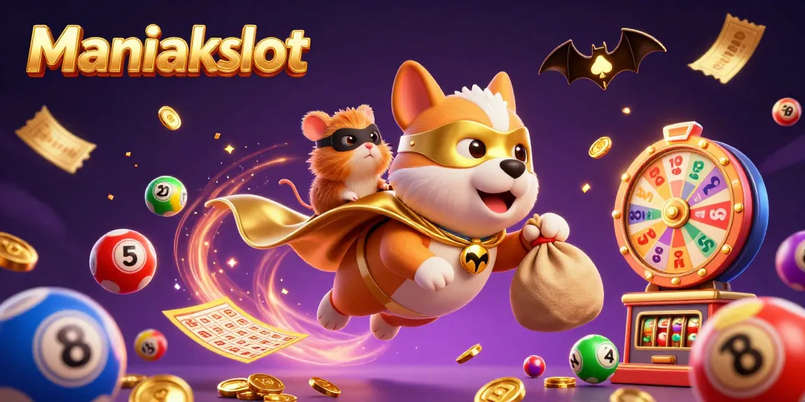 Engage with Maniakslot as a superhero dog and sidekick hamster soar through a vibrant, dynamic casino scene.