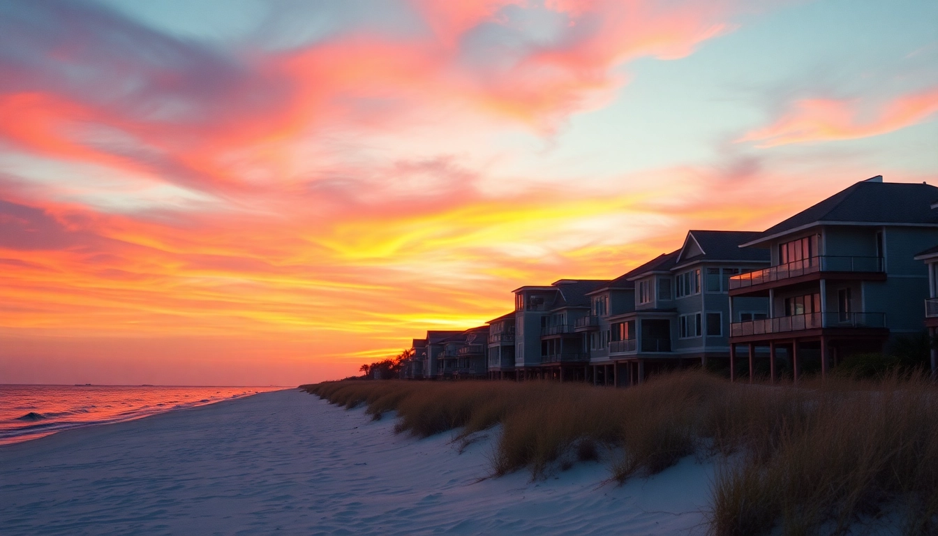 View of luxurious homes for sale in Pensacola FL along the beach at sunset.