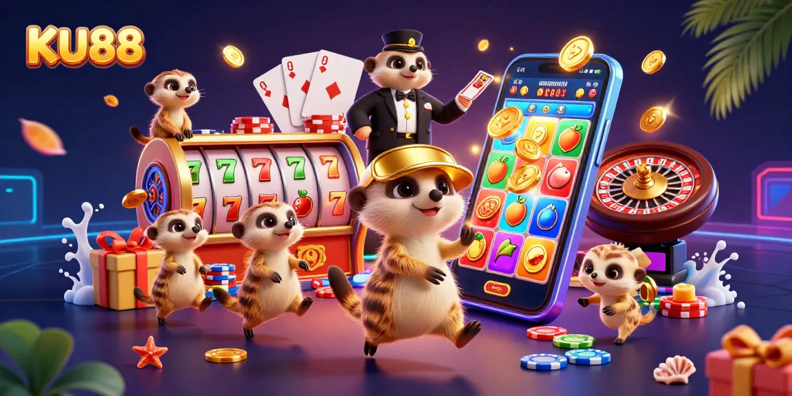 Experience a thrilling casino vibe at KU88 with animated meerkats managing games and sneaking chips.