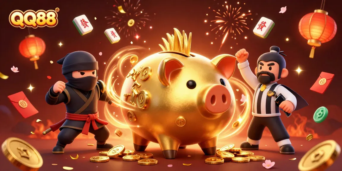 Engage with QQ88's thrilling gaming universe featuring vibrant characters and casino elements.