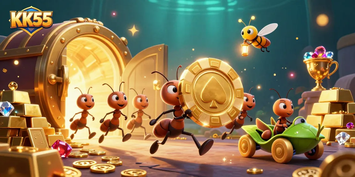 Join the KK55 adventure as ants carry a giant poker chip while treasure bursts around them!