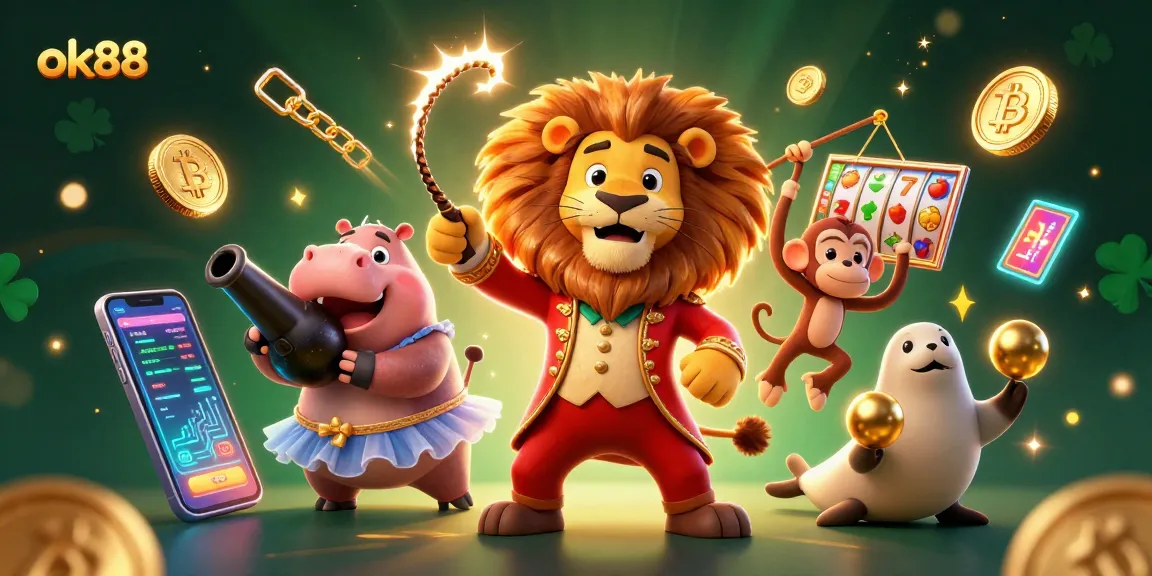 Engage with ok88 as the circus-themed characters playfully interact with cryptocurrency elements and slot game symbols.