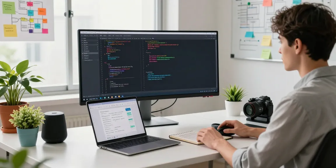 Build internal tools with AI in a modern workspace featuring a developer coding with advanced tools and bright natural light.