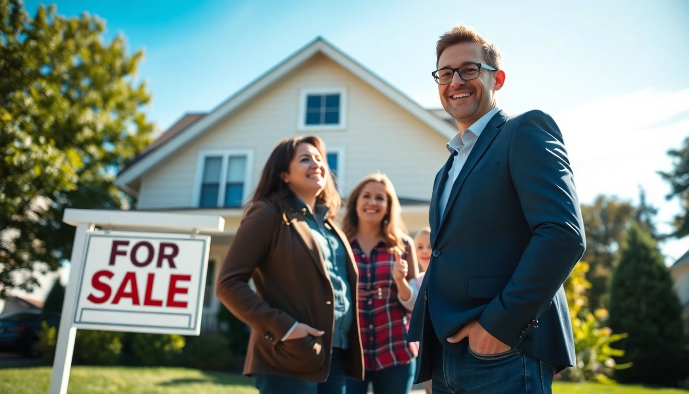 Sell my house Rochester NY with a real estate agent assisting a family in front of a charming property.