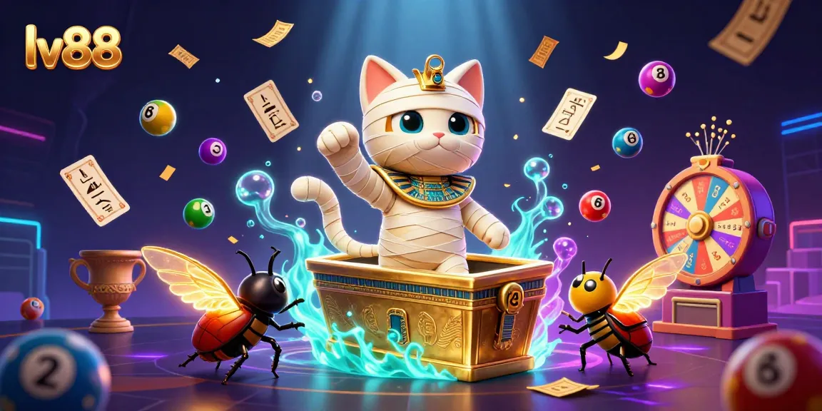 Experience thrilling gameplay at lv88 with an Egyptian mummy cat and glowing scarab in a dynamic casino scene.