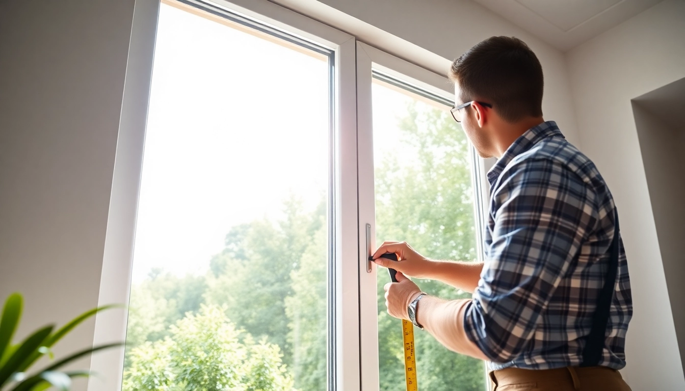 Showcasing double glazed windows installation with an installer measuring, highlighting energy efficiency.