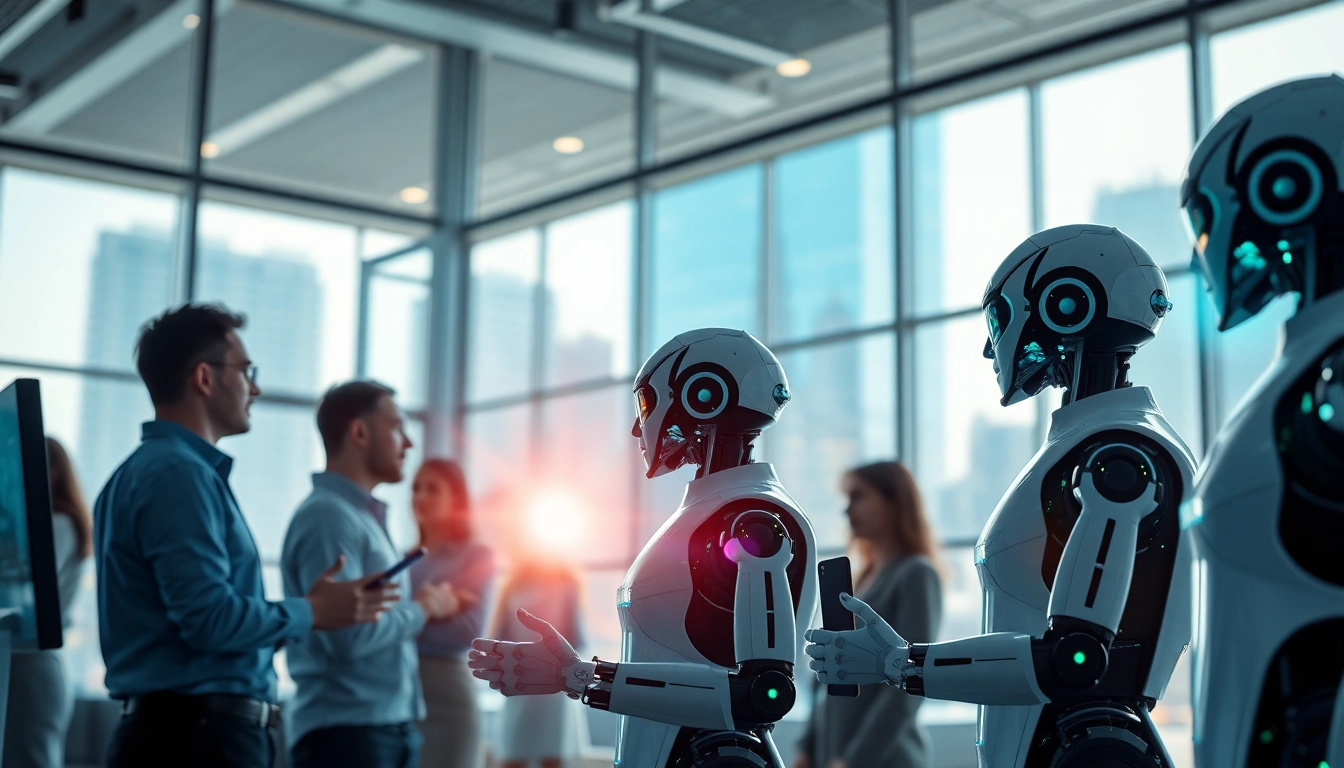 Engaging Ai Bots facilitating teamwork in a modern office space.