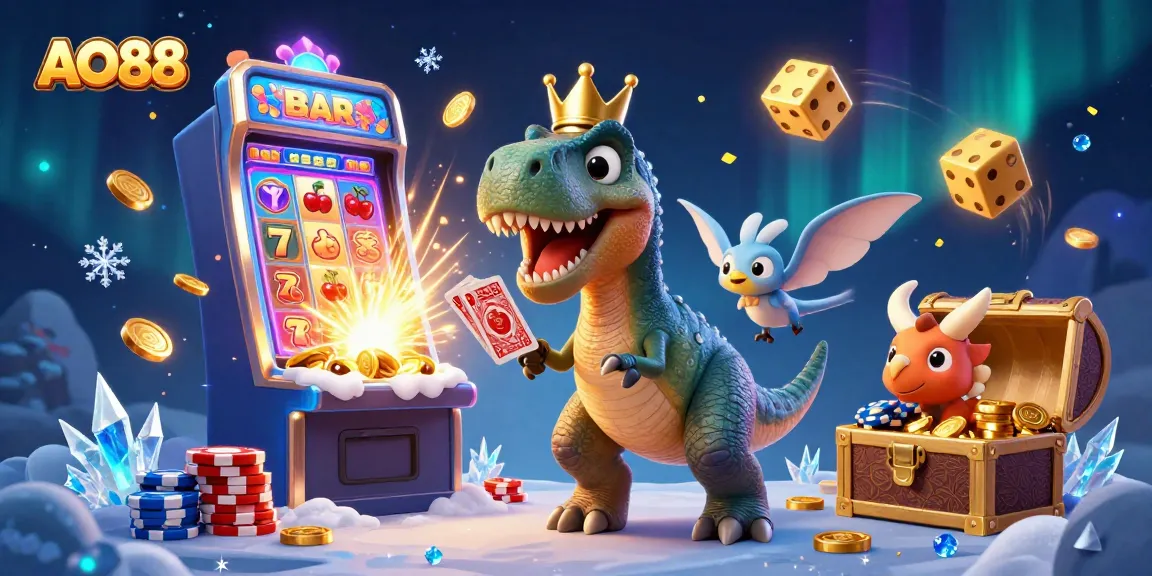 Experience the excitement of AO88 with a playful T-Rex and friends at a vibrant casino scene.