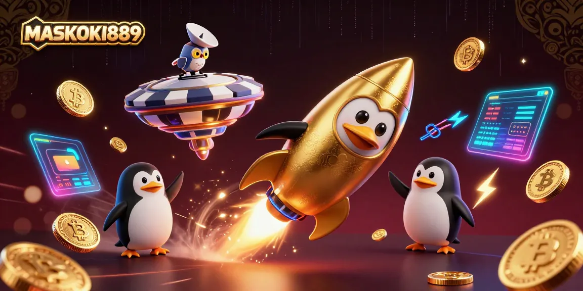 Experience the thrill of winning at MASKOKI889 with a dazzling 3D scene of a golden penguin and casino elements.
