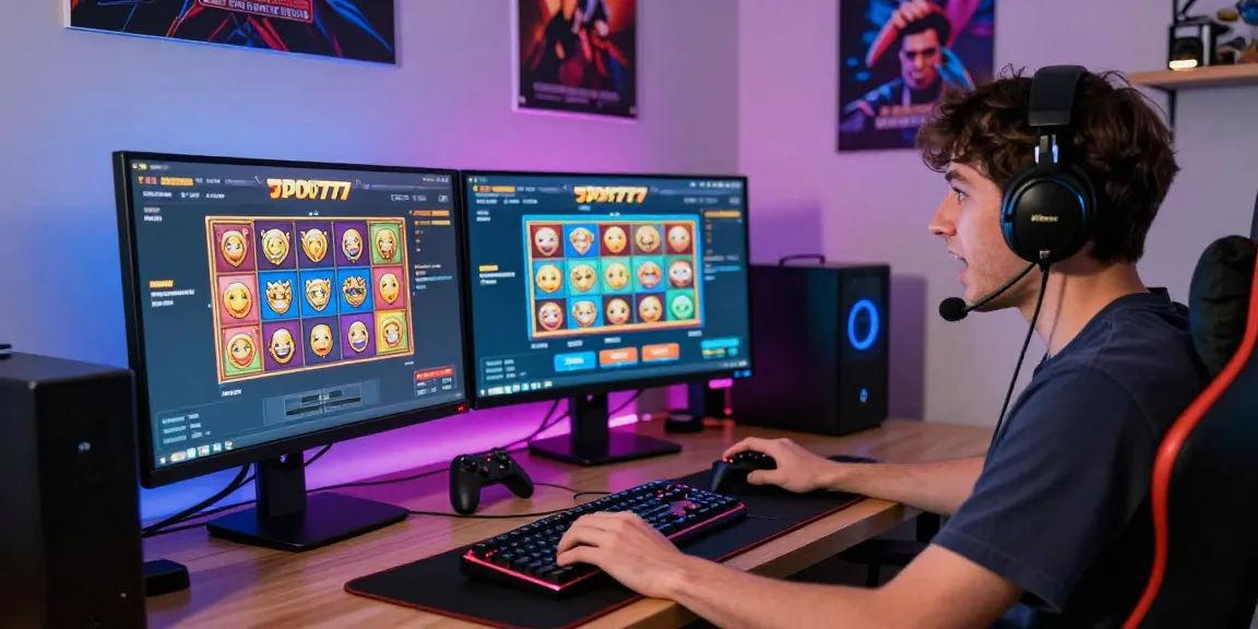 Engaged player enjoying slot777 games at dual screens with vibrant RGB setup and gaming peripherals.