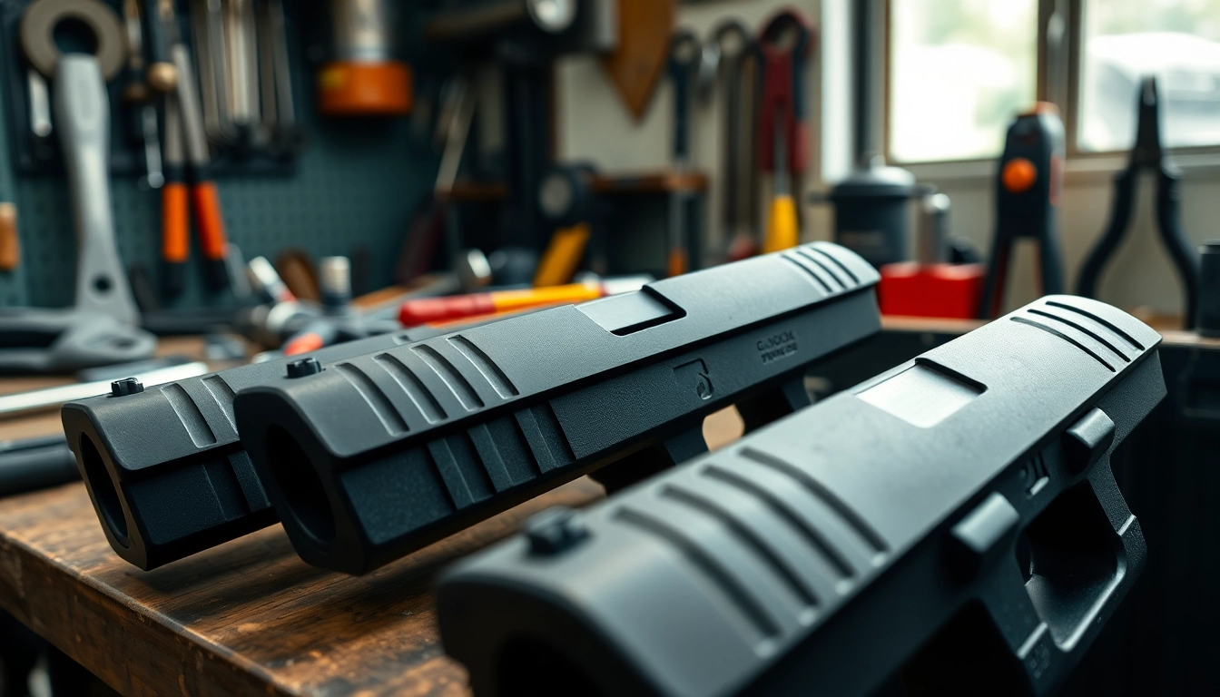 Showcasing high-quality OEM Glock slides in a workshop, highlighting precision and craftsmanship.