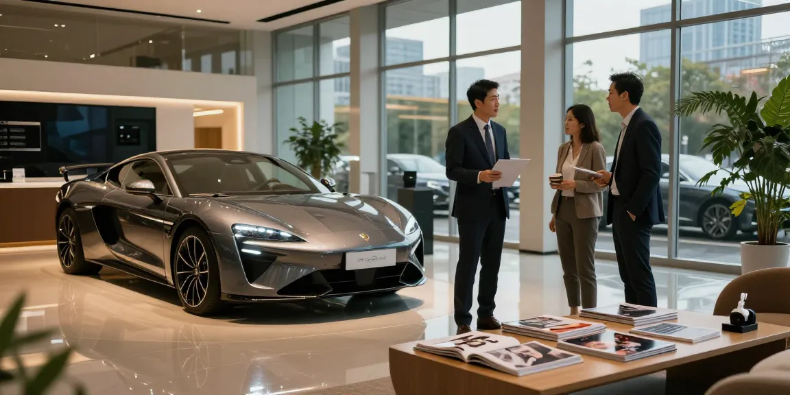 Menampilkan LUXURY 777 di showroom mobil mewah dengan konsultan penjualan dan pelanggan.