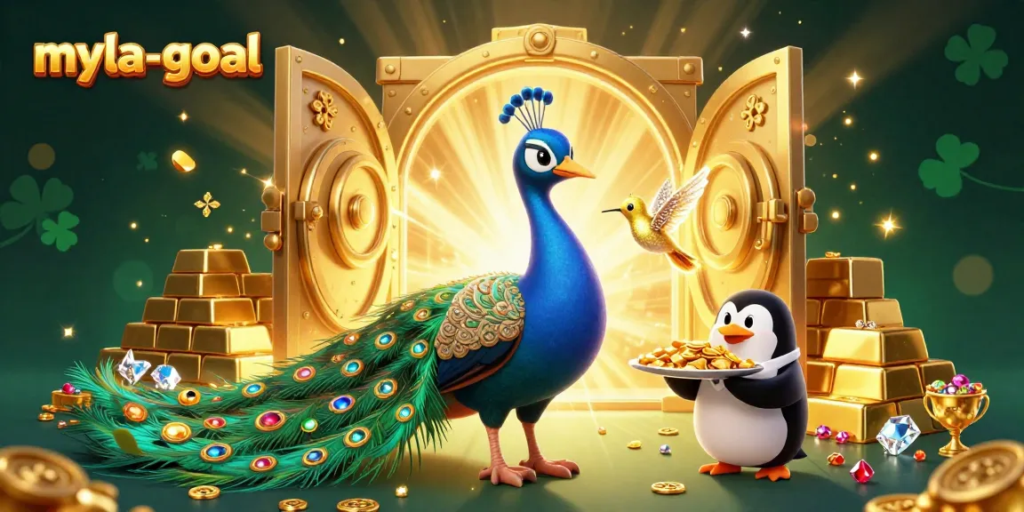 Engage with myla-goal in a vibrant 3D illustration featuring a peacock, penguin, and hummingbird amidst treasure.