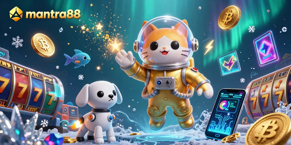 Spin and win with mantra88 at this vibrant casino scene featuring slots and crypto elements in a dynamic space.