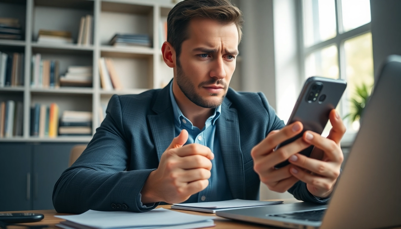 Man discovering who called me uk using a smartphone, expressing concern in a professional setting.
