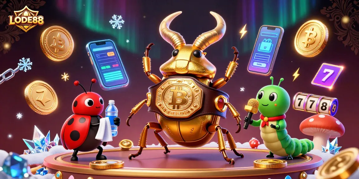 Experience LODE88 thrills with a vibrant 3D casino scene showcasing unique characters and crypto elements.