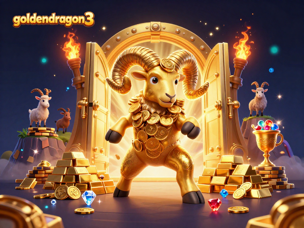 Experience the thrill of goldendragon3 as a golden ram charges at a treasure vault, surrounded by riches.
