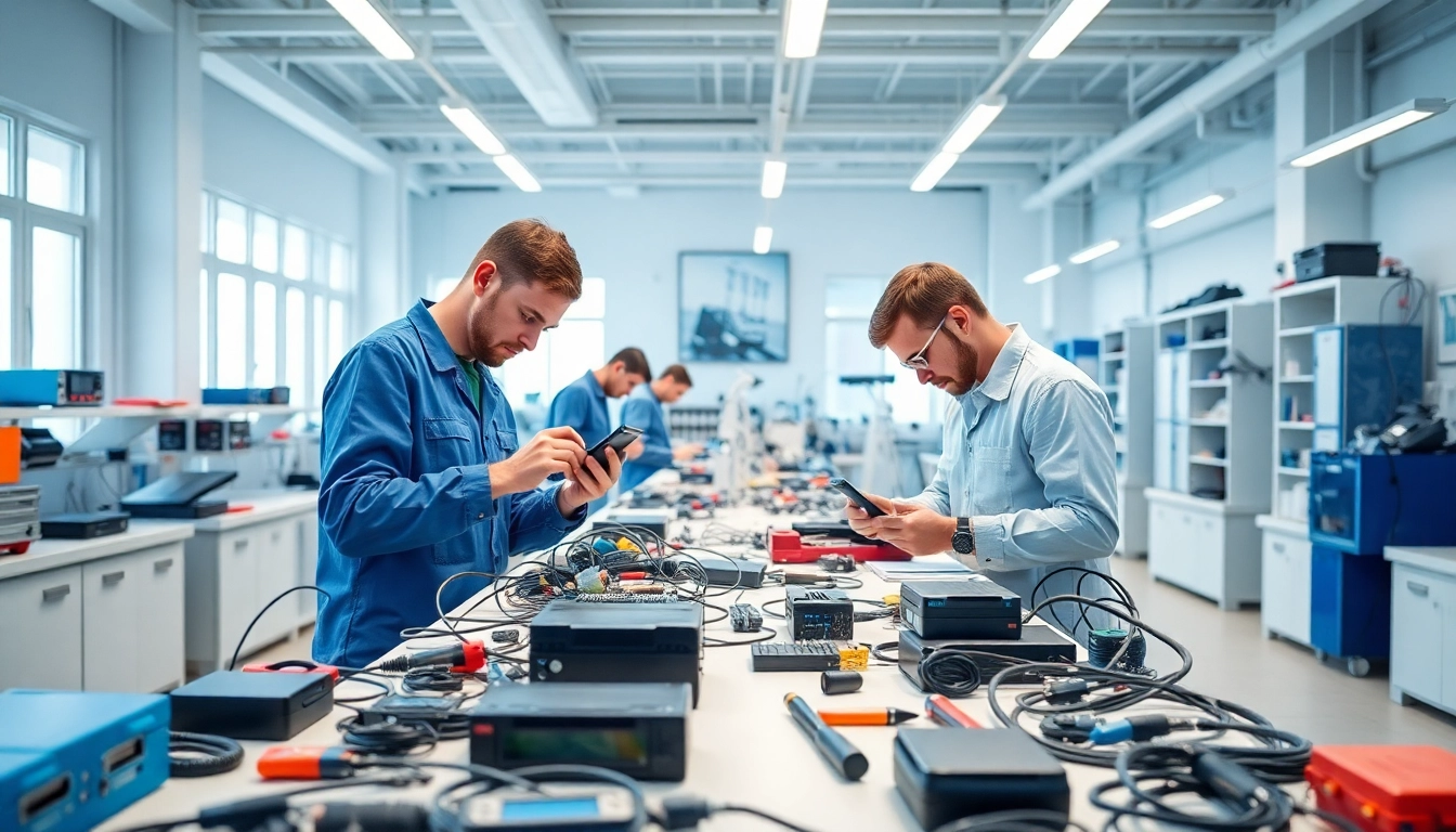Technicians at wefix london repairing electronics in a bright, organized workshop.