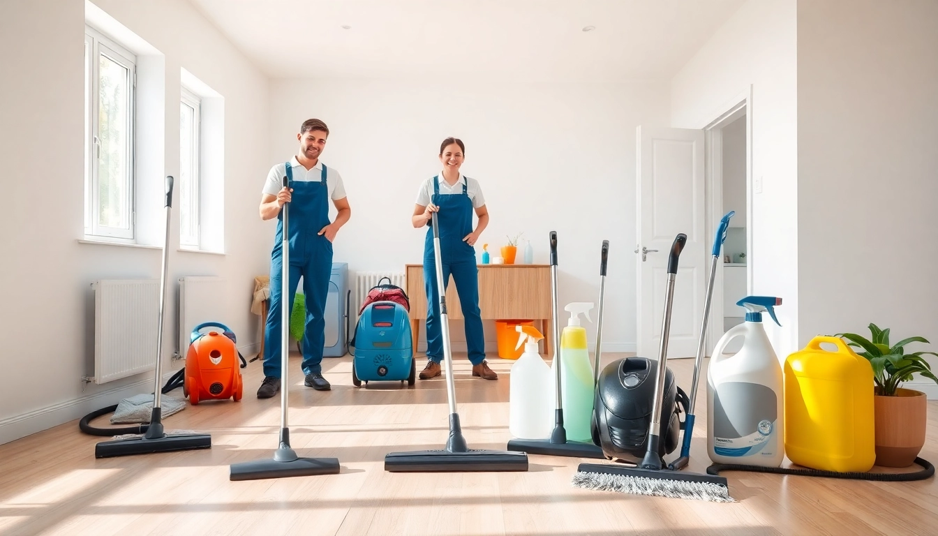 Bond cleaning service team efficiently working in an empty property with cleaning supplies.