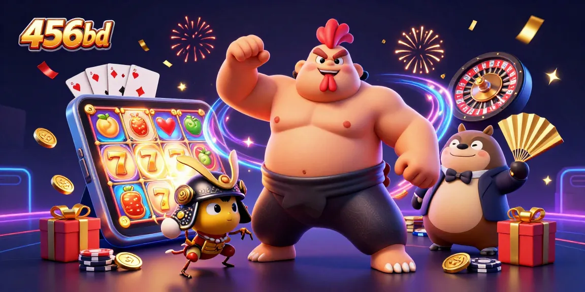 Experience thrilling wins with 456bd in a vibrant casino illustration featuring a rooster and cricket.